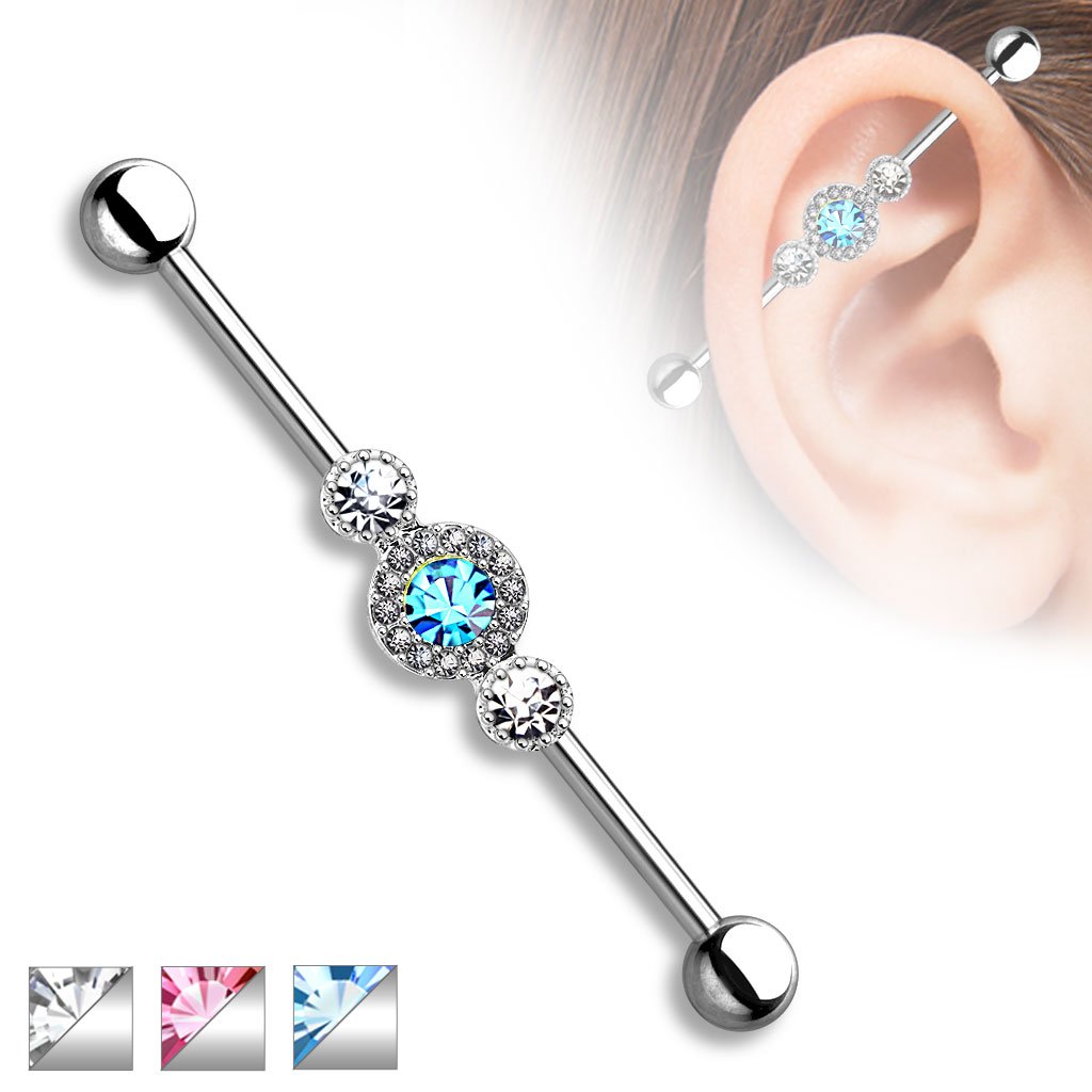 Triple Round Cz Center 316l Surgical Steel Industrial Barbells